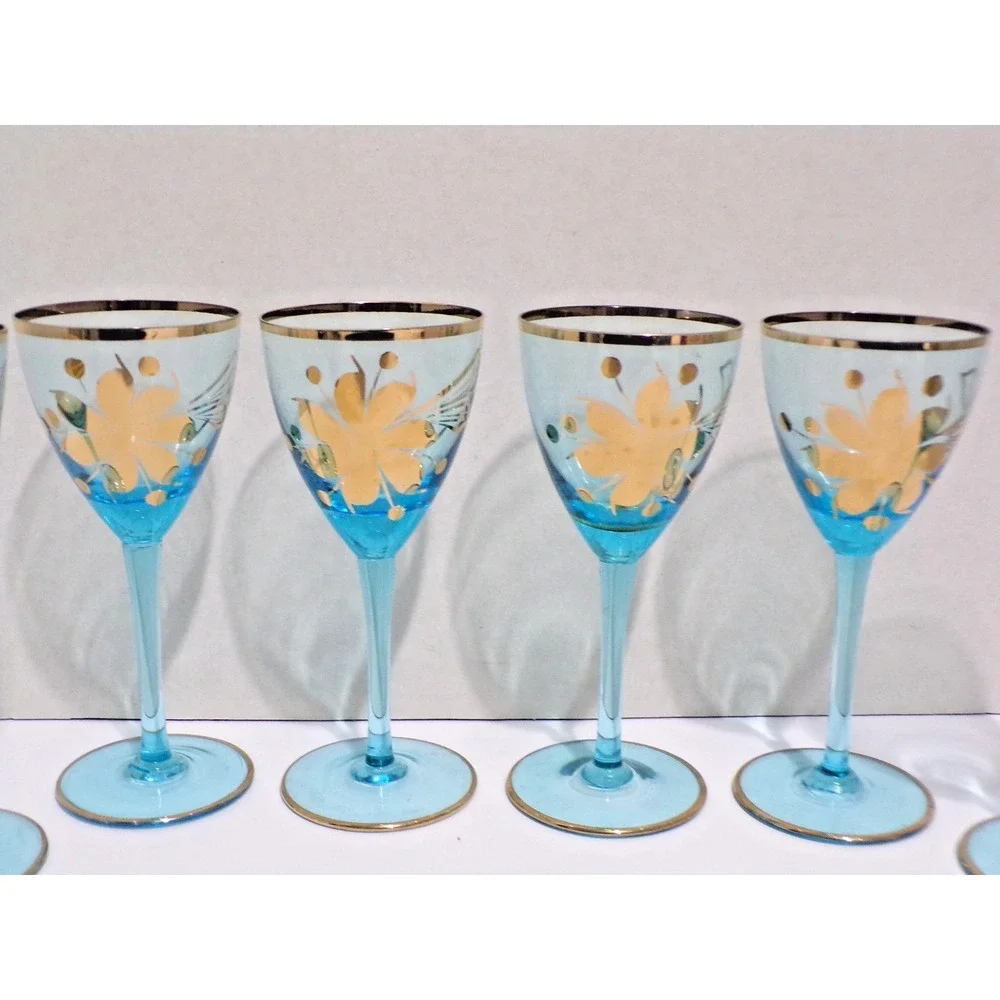 Vintage Hungry‎ Romanian Blue Cordial Glasses Gold Roses Wine 4oz Glass Set of 6